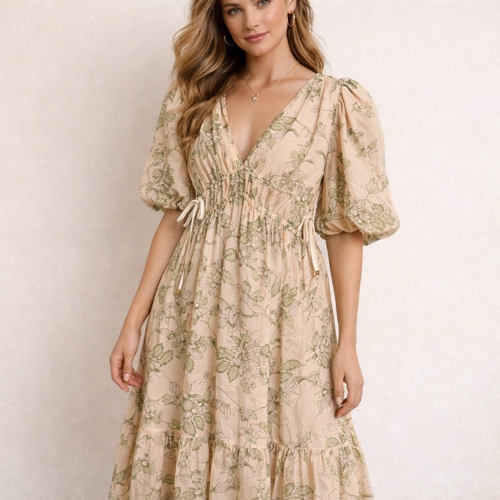 MØN RENN Floral Puff Sleeve Midi Dress — XS (US) / AU 6